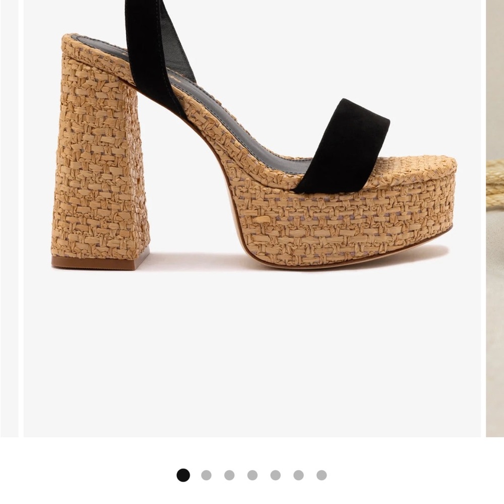 Larroude Dolly sandal in black suede and natural raffia, size 6, BNWB!